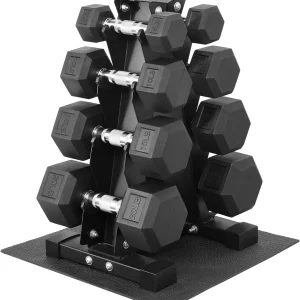 Rubber coated hex dumbbell set with storage rack