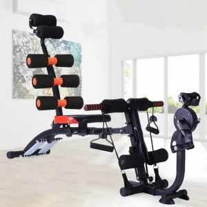 Multi-functional fitness machine with foot pedals for abdominal exercises and pull rope attachment